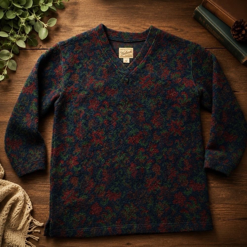 Vintage Woolrich Fleece Pullover Womens Medium USA Made‎ Floral V Neck Sweater